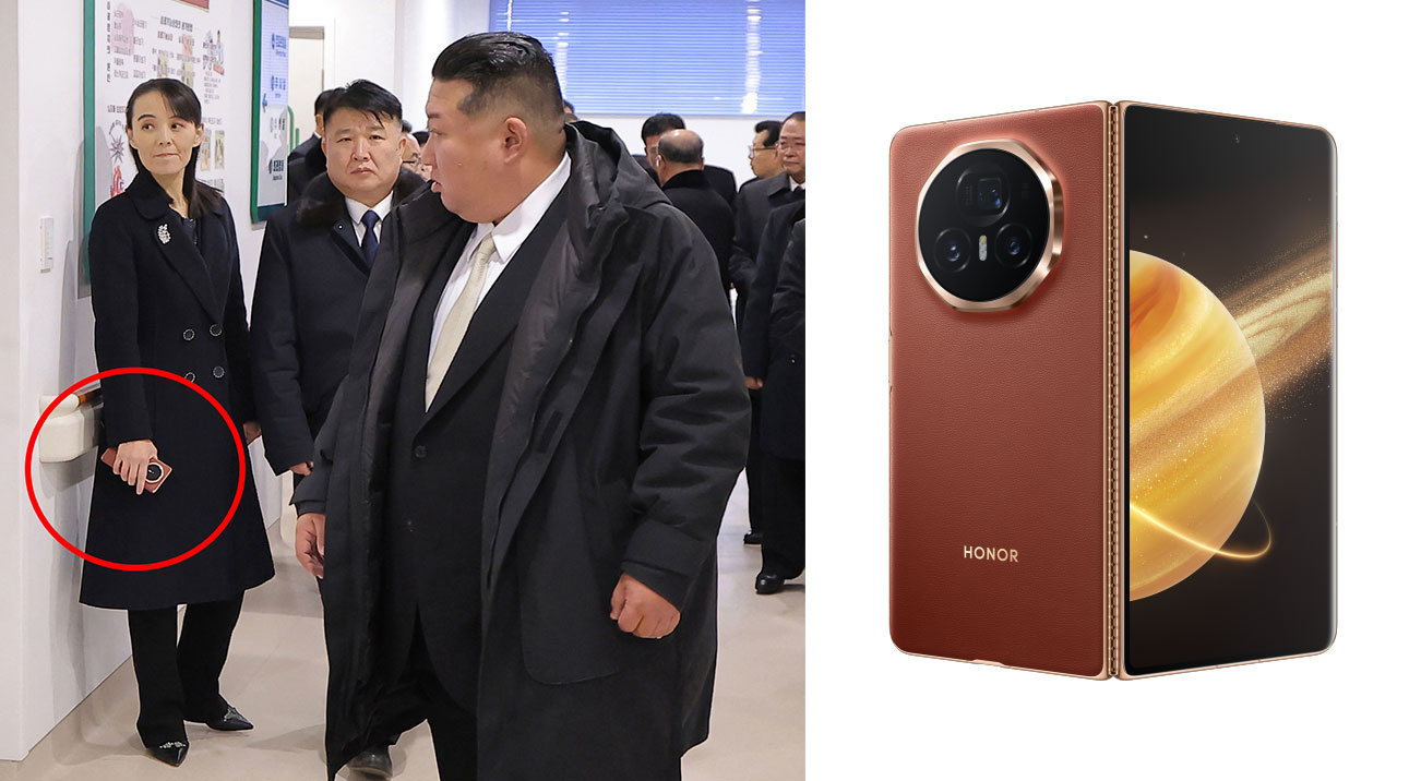 Kim Yo-jong, left, is seen holding a smartphone resembling the Magic V3 model released by Chinese brand Honor, right, in a photo from the completion ceremony of the Kusong City Hospital in North Pyongan Province, as reported by the Korean Central News Agency on Sept. 14. [YONHAP, HONOR]