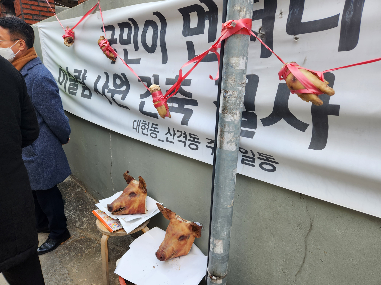 Residents of Daegu's Buk District place pig heads in front of the construction site of an Islamic mosque in Daehyeon-dong to oppose the construction on Jan. 18, 2023. [KIM JUNG-SEOK]