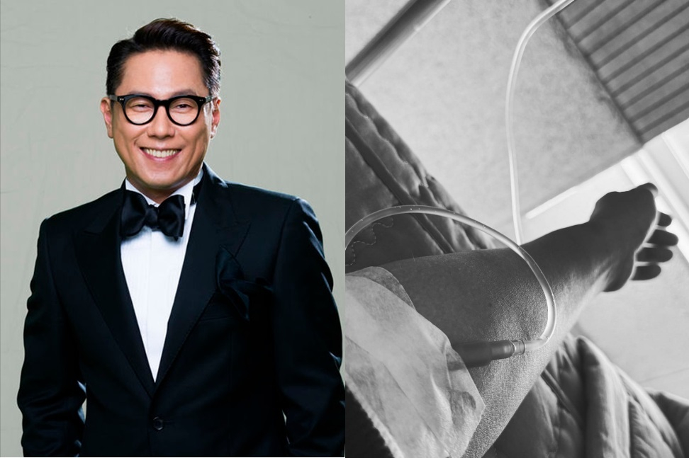 Singer Yoon Jong-shin, left, and a photo of him receiving IV drips were posted on Instagram on Dec. 26. [MYSTIC STORY, SCREEN CAPTURE]