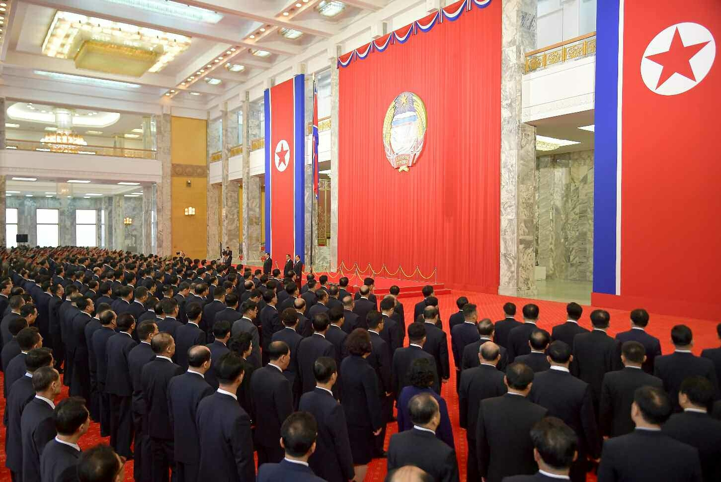 Members of North Korea's Workers' Party are seen attending a ceremony held in Pyongyang to mark Constitutional Day on Dec. 27. [KOREAN CENTRAL NEWS AGENCY] 