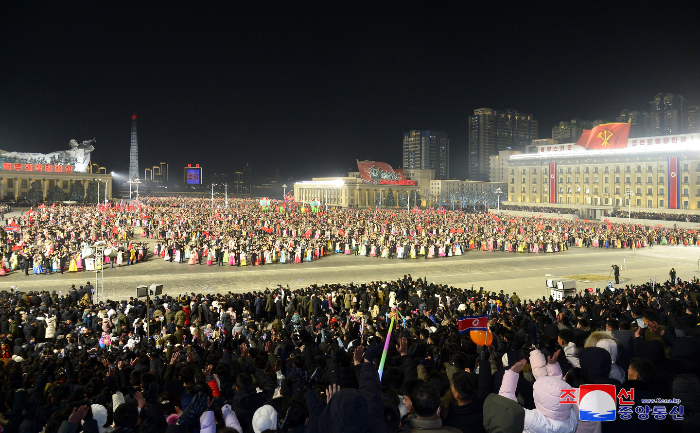 A youth's nighttime outdoor celebration is held at the Kim Il Sung Square on Dec. 31, 2024, to usher in the new year, as distributed by the Korean Central News Agency. [KCNA]