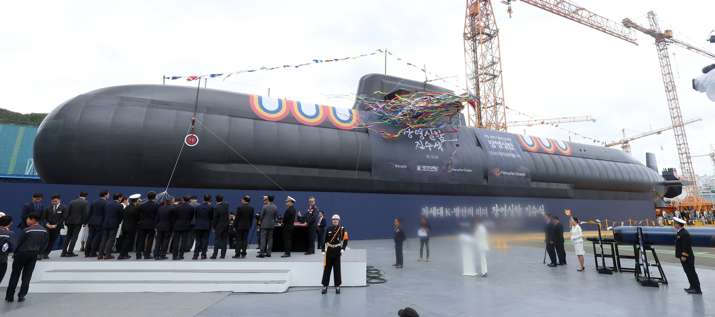 Hanwha Ocean submarine KSS-III Batch-II's launching ceremony on Oct. 22. [YONHAP] 