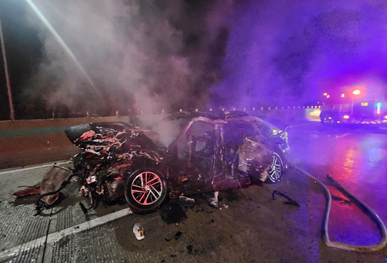 A car is damaged due to a crash at the Seohaean Expressway near Gochang in North Jeolla on Jan. 4. [JEONBUK FIRE SERVICE] 