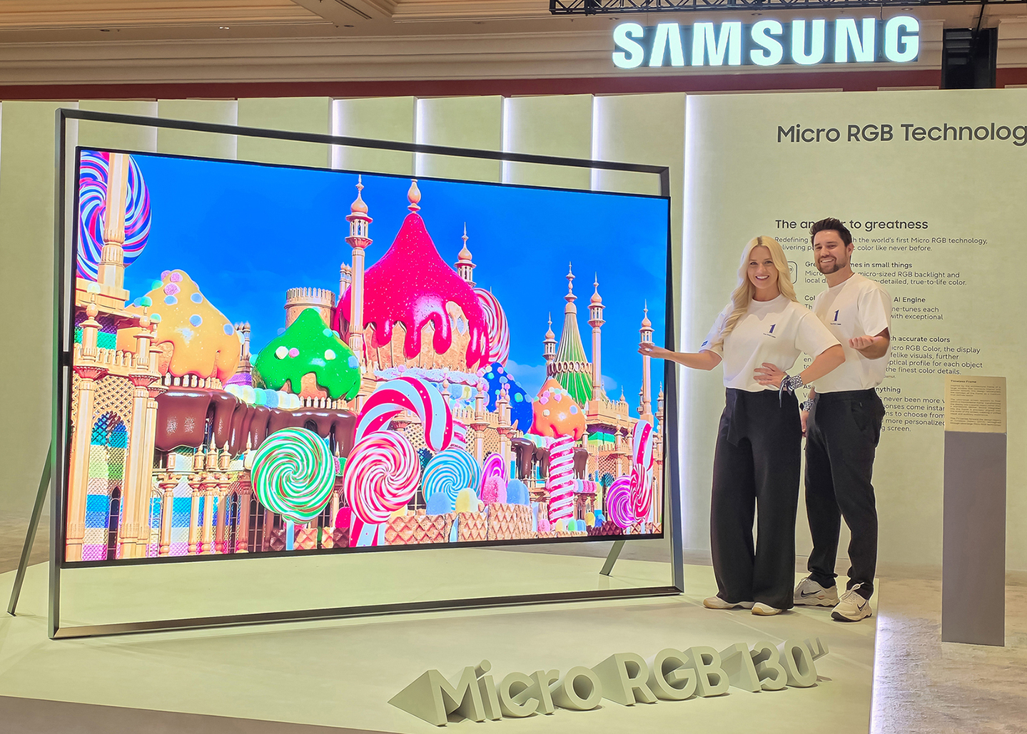 Models introduce Samsung Electronics' ultra-slim TV at the Wynn Hotel in Las Vegas, ahead of the CES 2026 event that kicks off on Jan. 6. [SAMSUNG ELECTRONICS]