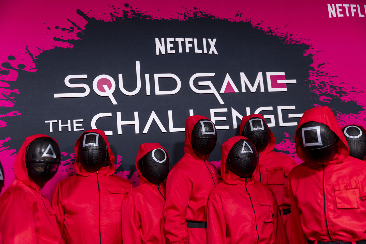 The pink guards arrive to the Squid Game: The Challenge Season 2 finale fan event at The Egyptian Theater in Los Angeles on Nov. 18, 2025. [EPA/YONHAP]
