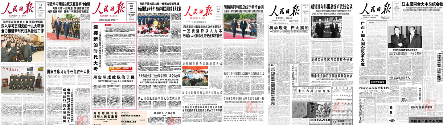 Front pages of the Chinese Communist Party’s official newspaper, People’s Daily, carrying coverage of Korea-China summits from 1998, right, to 2017. [SCREEN CAPTURE]