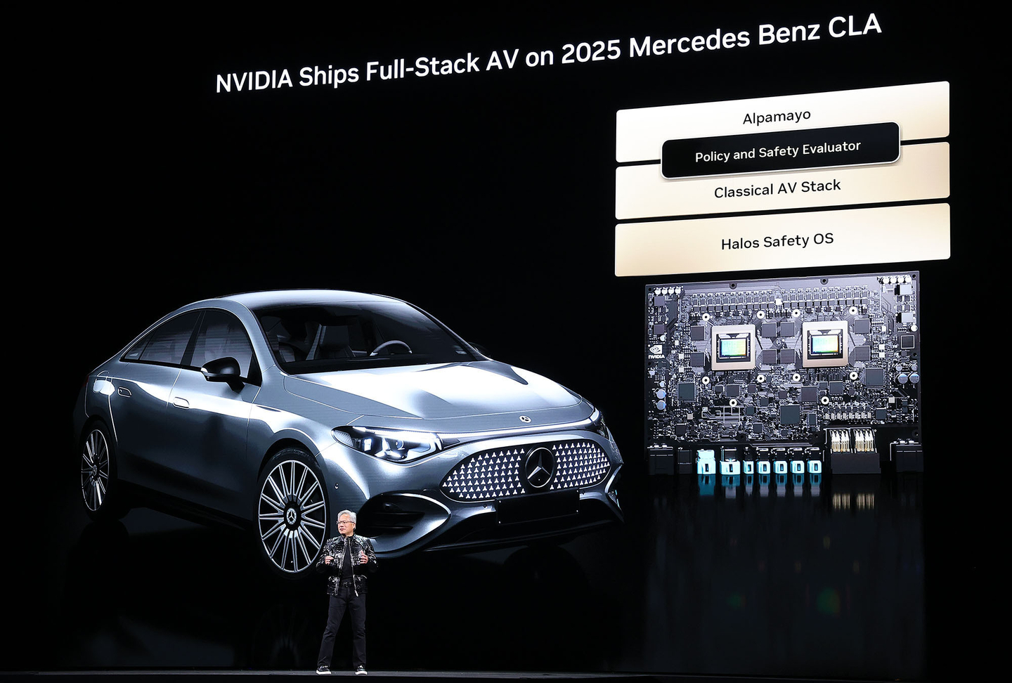 Nvidia CEO Jensen Huang introduces the Alpamayo AI model, which will be applied in the newest Mercedes-Benz CLA, during his speech at CES 2026 in Las Vegas on Jan. 6. [JOINT PRESS CORPS] 