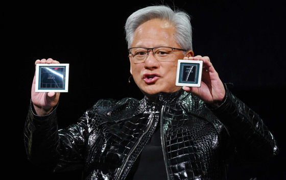 Nvidia CEO Jensen Huang presents the Rubin GPU during his presentation for CES 2026 in Las Vegas on Jan. 5. [JOINT PRESS CORPS]