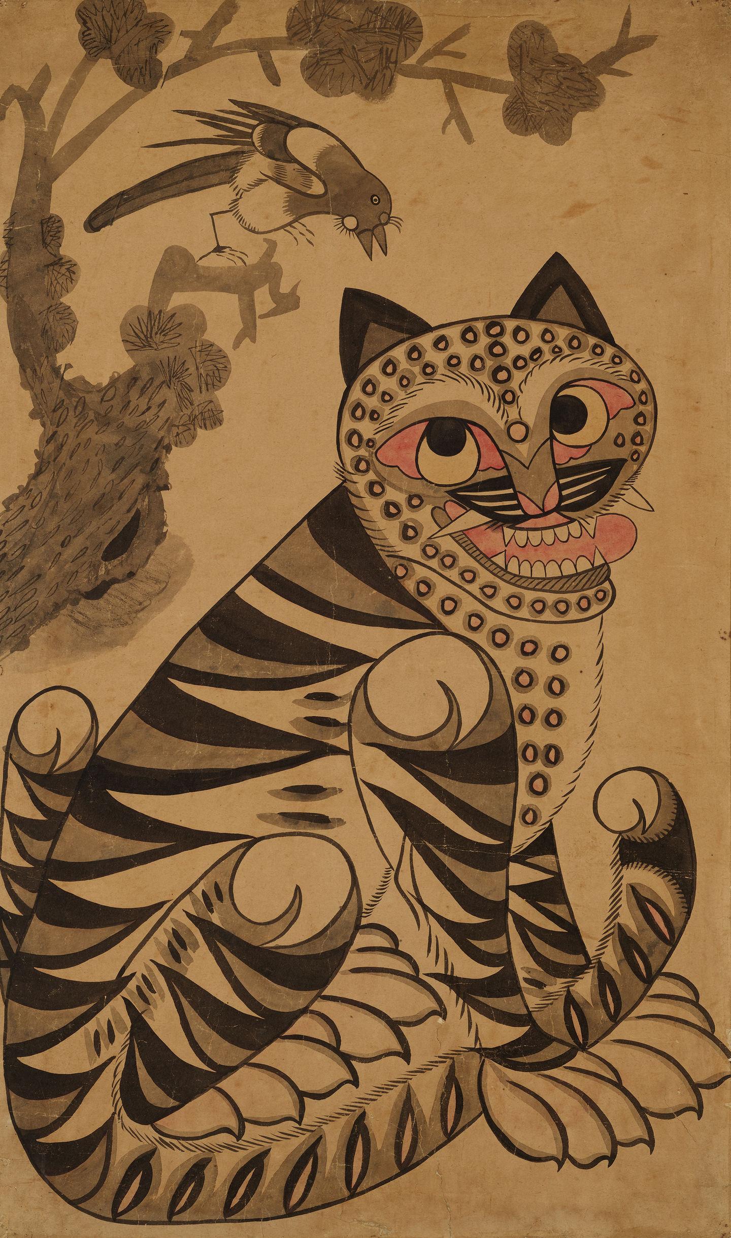 The folk painting “Hojakdo,” depicting a tiger and a magpie, is shown in the photo. Interest in traditional Korean culture is growing among younger generations, boosted by the rising global stature of K-culture. [LEEUM MUSEUM OF ART]