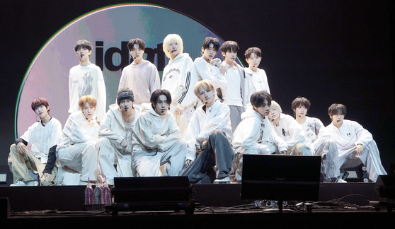 Boy band idntt performs ″Pretty Boy Swag,″ the lead track of its second EP ″yesweare,″ during a press showcase at the Blue Square SOL Travel Hall in Yongsan District, central Seoul, on Jan. 5. [NEWS1]