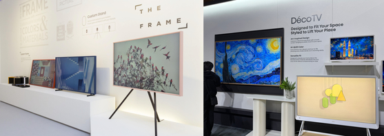 From left, Samsung Electronics' The Frame concept TVs, which were first debuted in 2017, and Hisense DecoTV, which launched in early December 2025 [SAMSUNG ELECTRONICS, SARAH CHEA] 