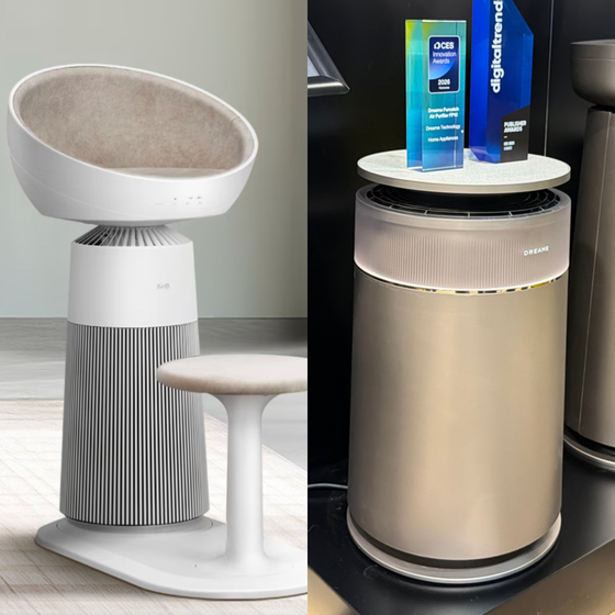 From left, LG Electronics' PuriCare AeroCat Tower, which was unveiled at CES 2025, and Dreame Purcatch Air Purifier FP10, which was unveiled at CES 2026 [LG ELECTRONICS, SARAH CHEA] 
