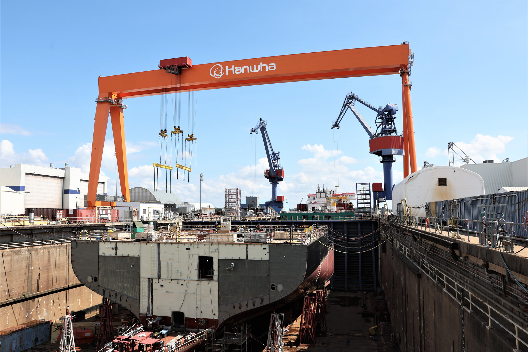 A vessel is under construction at Hanwha Philly Shipyard in Philadelphia on July 16. [HANWHA OCEAN]