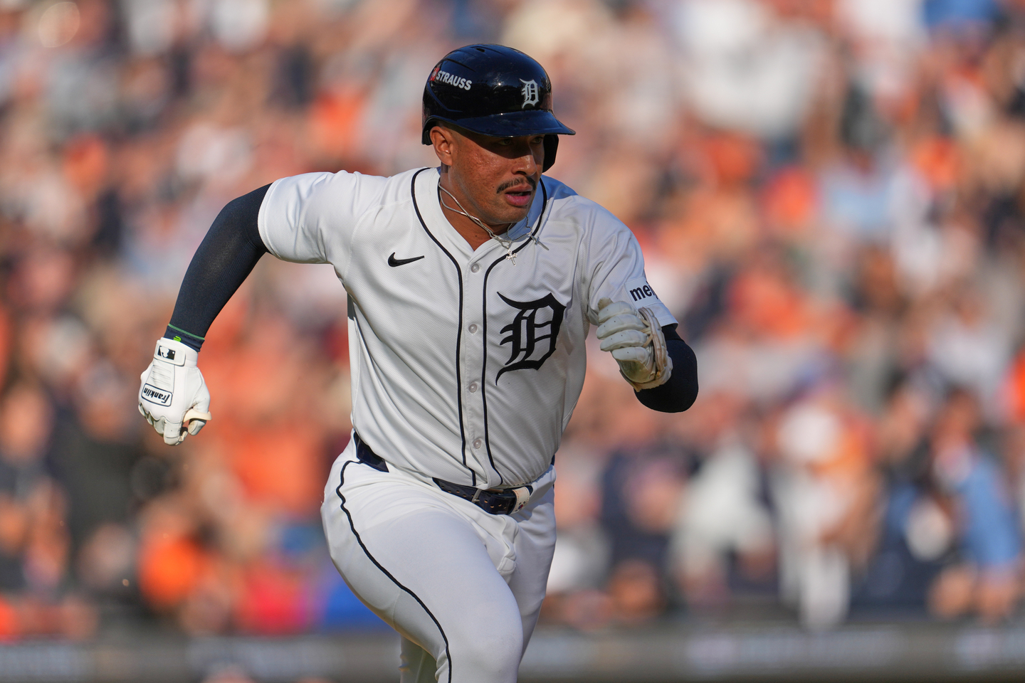 Detroit Tigers' Jahmai Jones runs after hitting an RBI double during the fifth inning in Game 4 of baseball's American League Division Series against the Seattle Mariners Wednesday, Oct. 8, 2025, in Detroit. [AP/YONHAP]