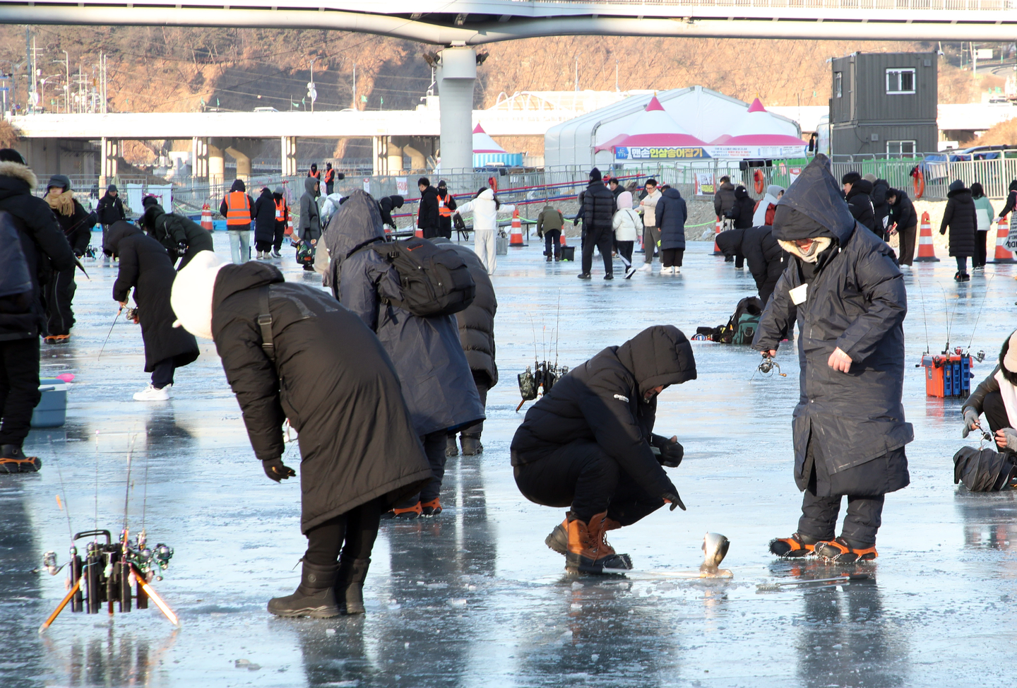 Visitors in their winter puffer jackets try to catch trout beneath the frozen surface of Hongcheon River in Gangwon during an ice-fishing festival on Jan. 11. The ice-fishing festival runs through Jan. 25. [HONGCHEON COUNTY OFFICE]