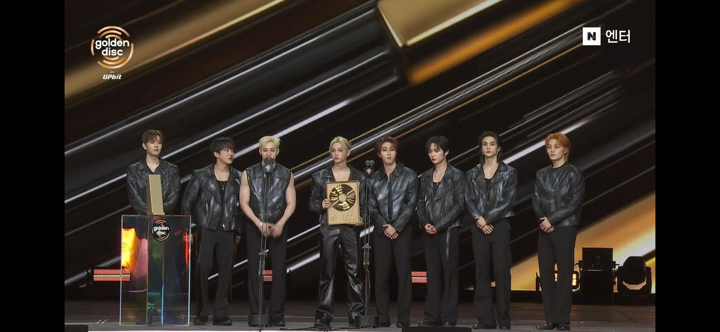 Stray Kids deliver their acceptance speech after winning the Album of the Year award at the Golden Disc Awards on Jan. 10. [SCREEN CAPTURE]