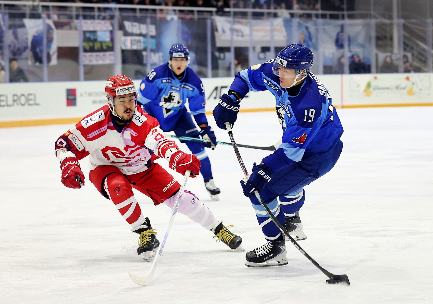HL Anyang left winger Kim Sang-wook, right, competes during an Asia League Ice Hockey game against the Red Eagles Hokkaido at Anyang Ice Arena in Anyang, Gyeonggi on Jan. 11. [HL ANYANG] 