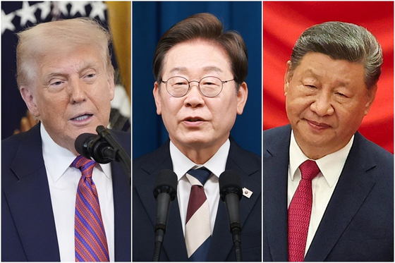 From left: U.S. President Donald Trump, Korean President Lee Jae Myung and Chinese President Xi Jinping.  [AP; REUTERS/YONHAP]