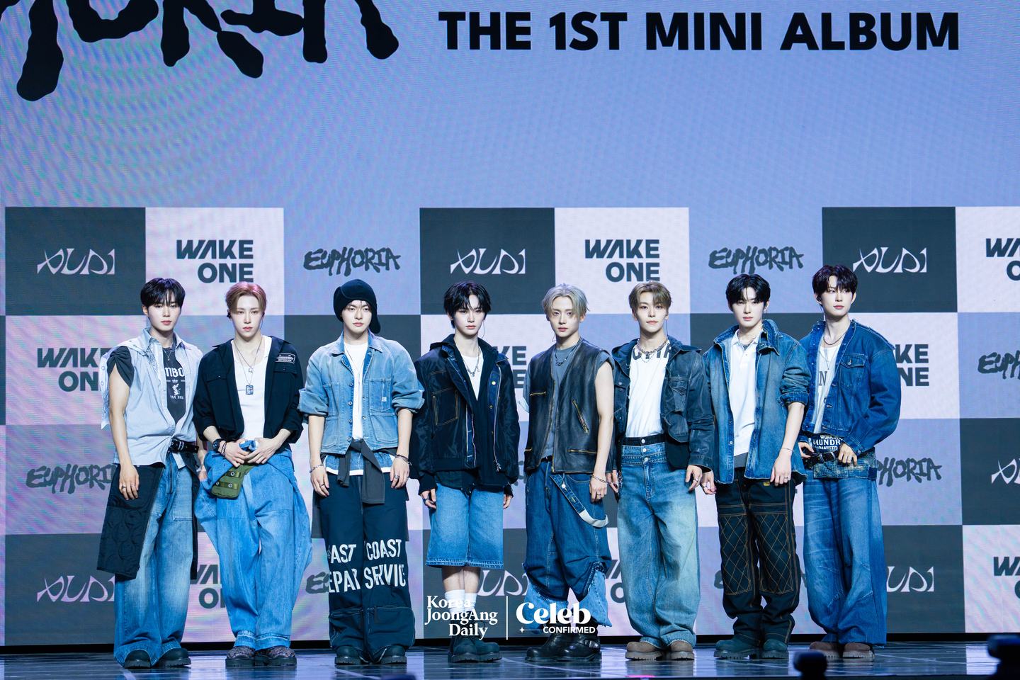 Alpha Drive One poses for photos during a showcase for the release of its first EP, ″Euphoria,″ at Blue Square in central Seoul on Jan. 12. [DANIELA GONZALEZ PEREZ]