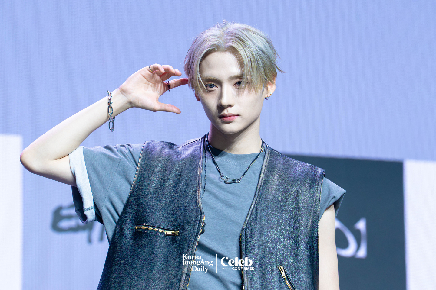 Alpha Drive One’s Sangwon poses for photos during a showcase for the release of the group’s first EP, ″Euphoria,″ at Blue Square in central Seoul on Jan. 12. [DANIELA GONZALEZ PEREZ]