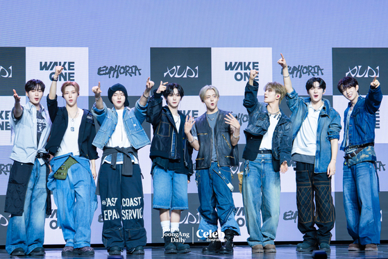 Alpha Drive One poses for photos during a showcase for the release of its first EP, ″Euphoria,″ at Blue Square in central Seoul on Jan. 12. [DANIELA GONZALEZ PEREZ]
