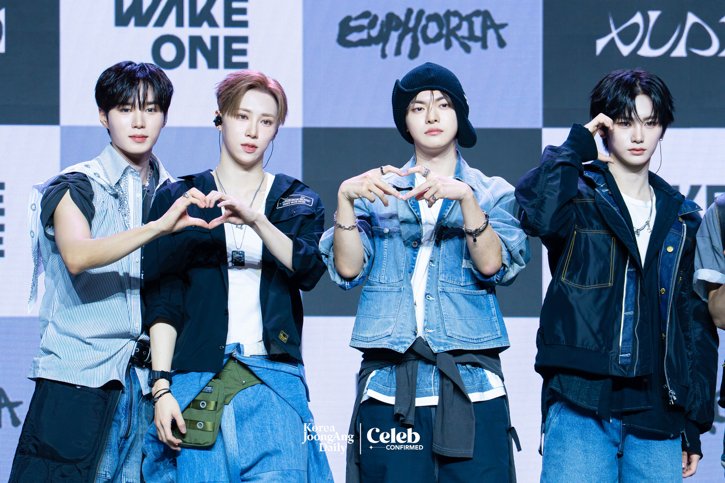 Alpha Drive One poses for photos during a showcase for the release of its first EP, ″Euphoria,″ at Blue Square in central Seoul on Jan. 12. [DANIELA GONZALEZ PEREZ]