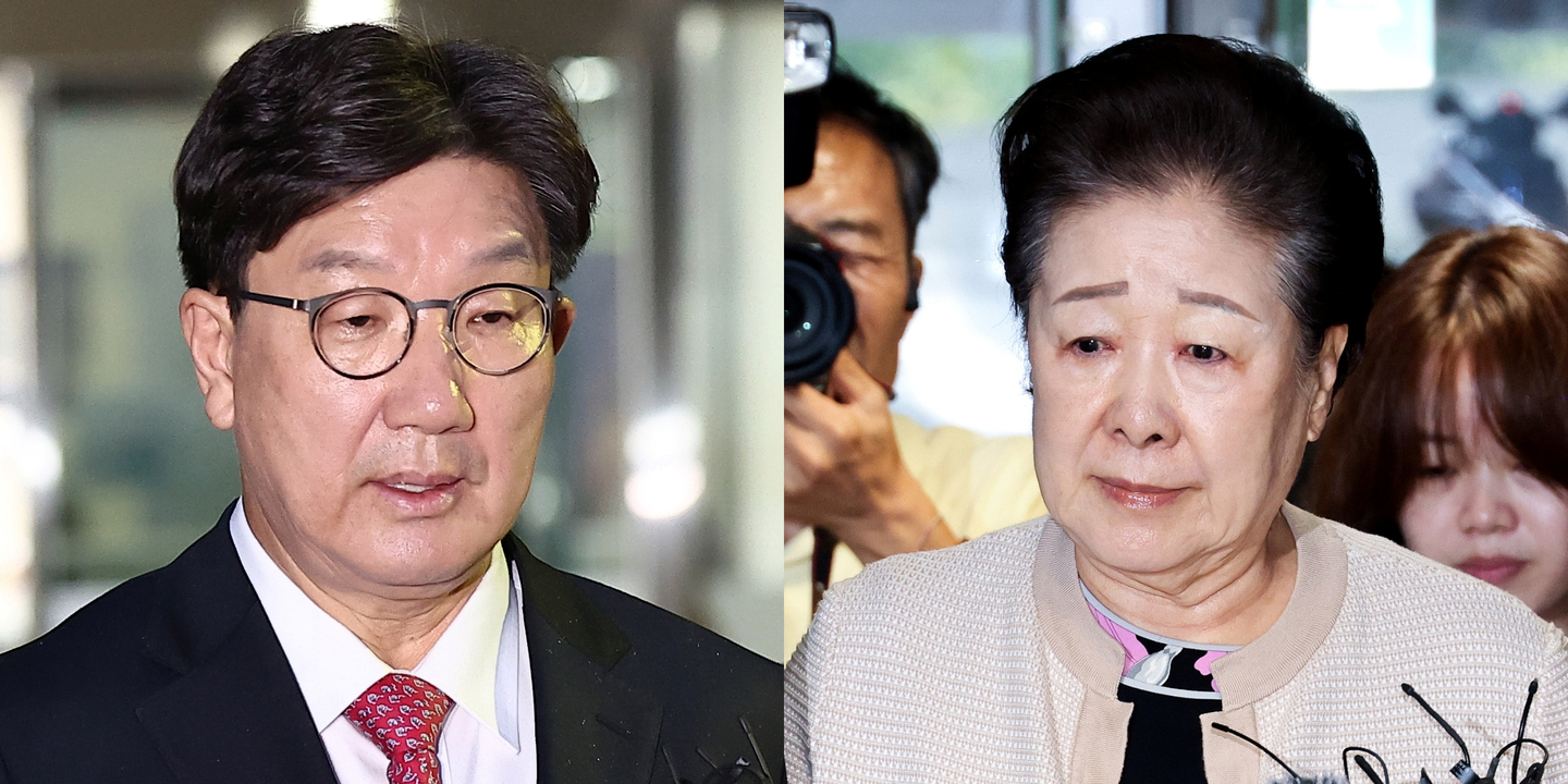 This composite image shows People Power Party Rep. Kweon Seong-dong, left, and Unification Church leader Han Hak-ja [YONHAP]