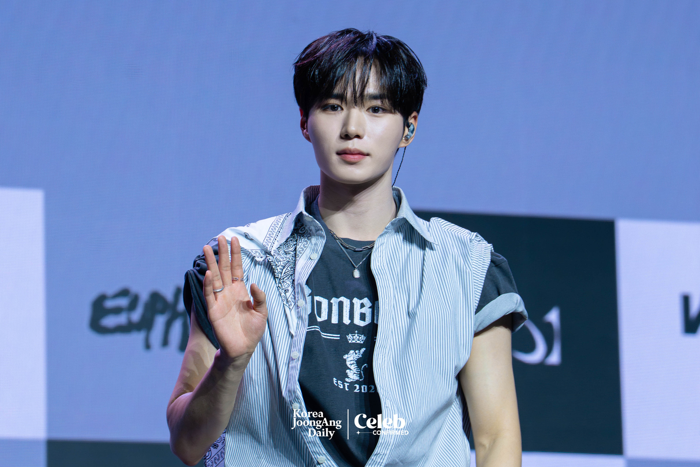 Alpha Drive One’s Junseo poses for photos during a showcase for the release of the group’s first EP, ″Euphoria,″ at Blue Square in central Seoul on Jan. 12. [DANIELA GONZALEZ PEREZ]