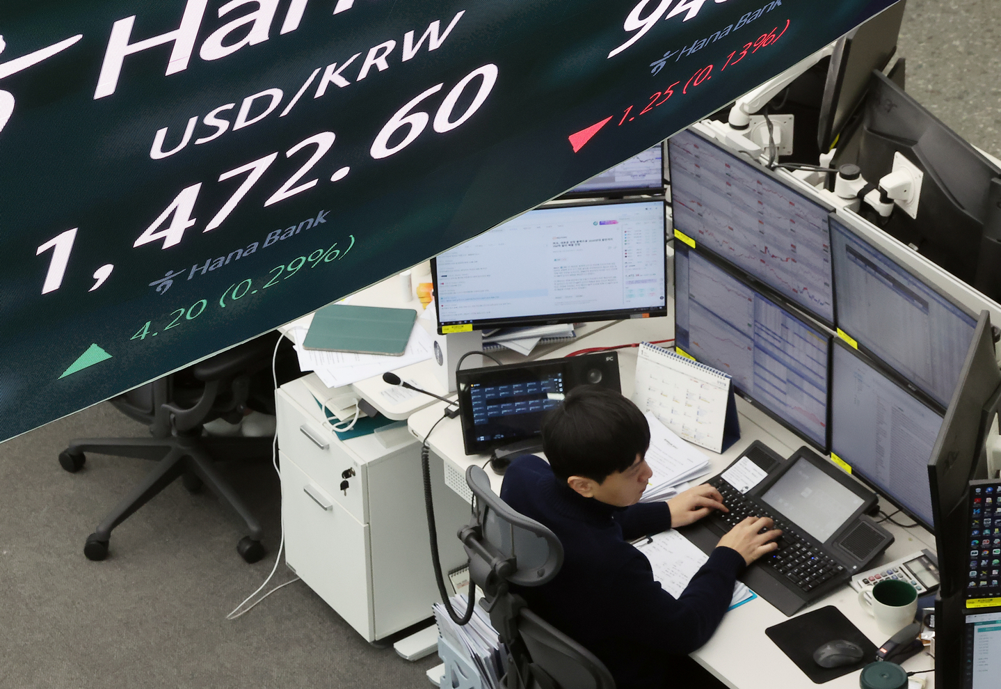 A screen in Hana Bank's trading room in central Seoul shows the dollar-won exchange rate at around 10:20 a.m. on Jan. 13. [NEWS1] 