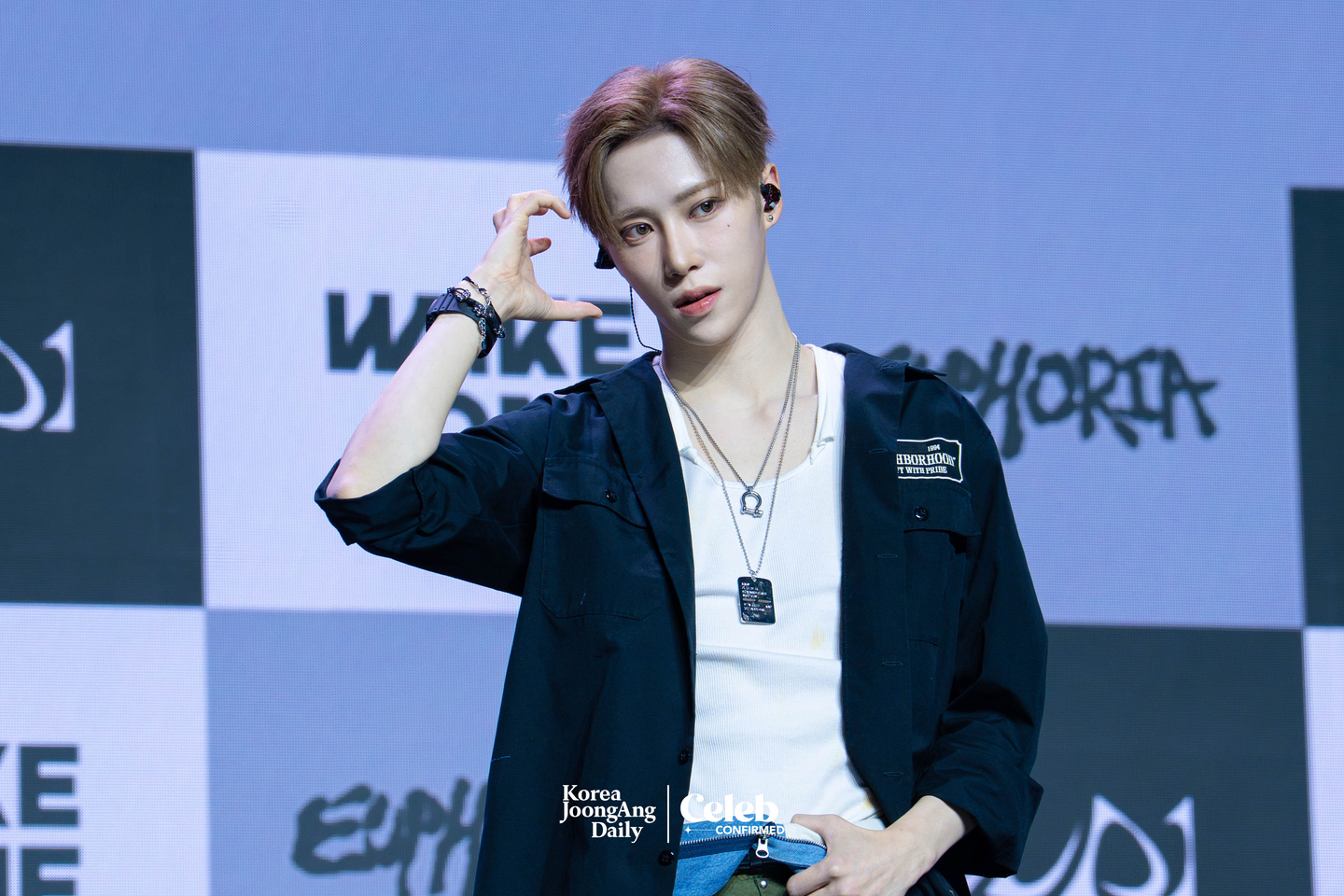 Alpha Drive One’s Arno poses for photos during a showcase for the release of the group’s first EP, ″Euphoria,″ at Blue Square in central Seoul on Jan. 12. [DANIELA GONZALEZ PEREZ]