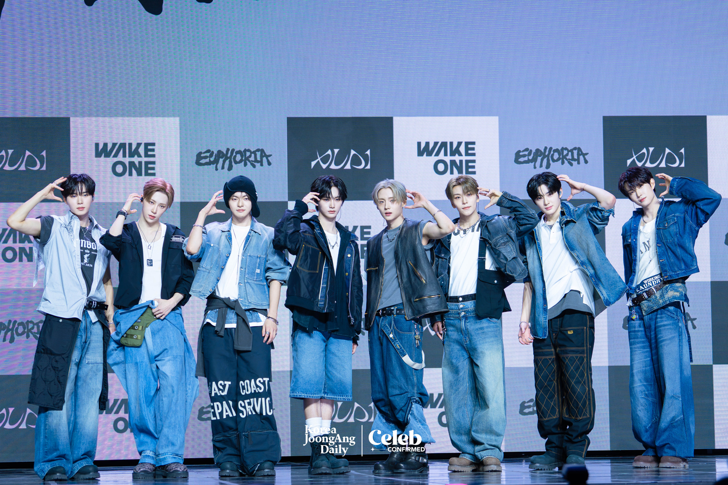 Alpha Drive One poses for photos during a showcase for the release of its first EP, ″Euphoria,″ at Blue Square in central Seoul on Jan. 12. [DANIELA GONZALEZ PEREZ]