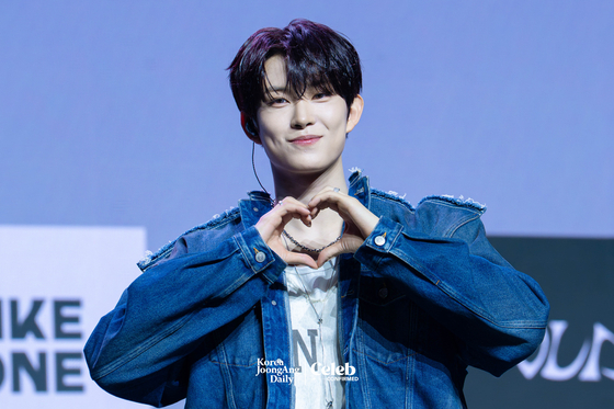 Alpha Drive One’s Geonwoo poses for photos during a showcase for the release of the group’s first EP, ″Euphoria,″ at Blue Square in central Seoul on Jan. 12. [DANIELA GONZALEZ PEREZ]