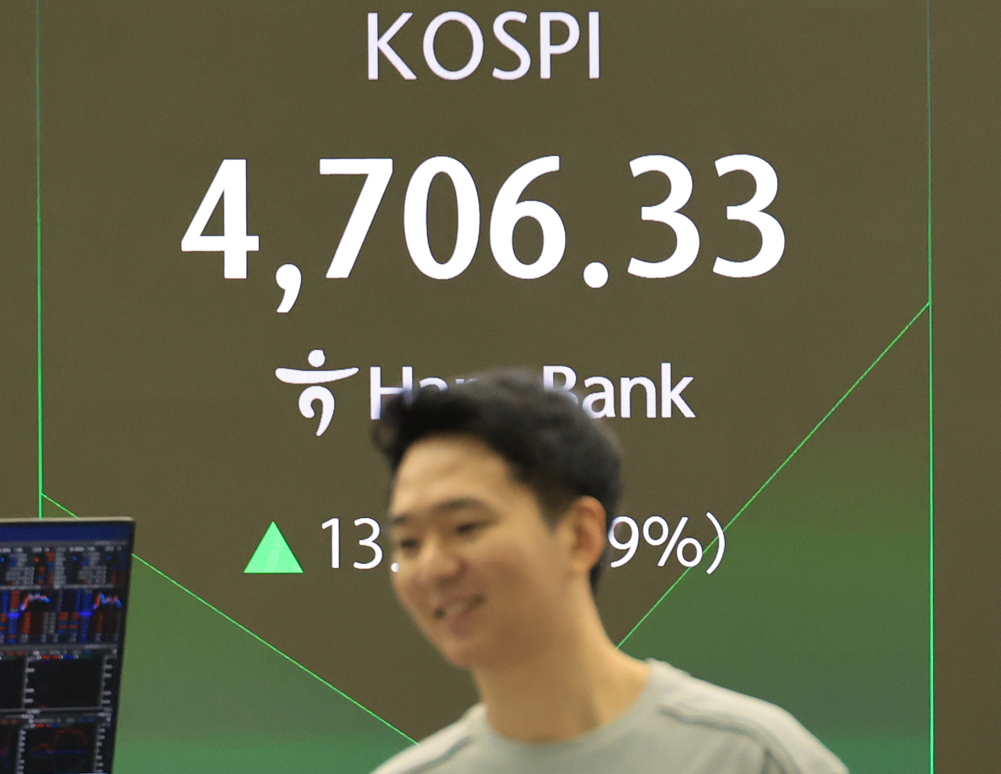 A screen in Hana Bank's trading room in central Seoul shows the Kospi opening on Jan. 14. [YONHAP]