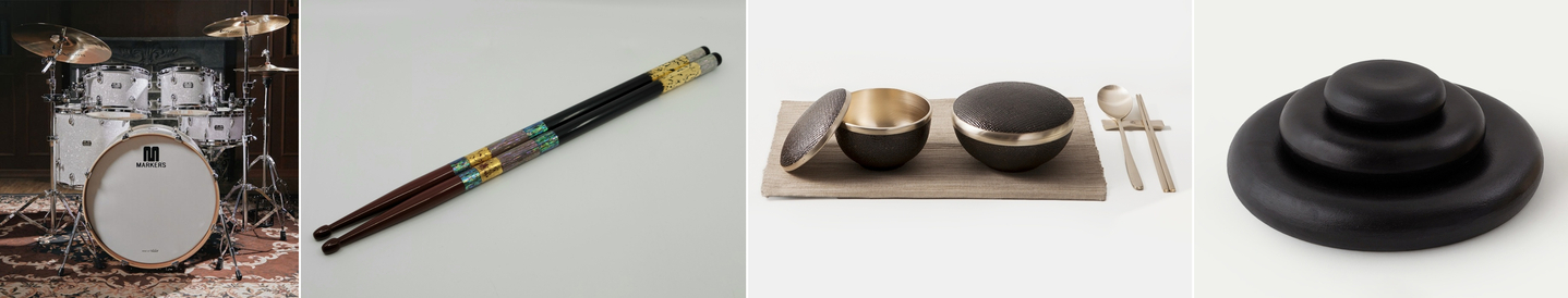 Gifts prepared by Korean President Lee Jae Myung for Japanese Prime Minister Sanae Takaichi and her husband include, from left: a drum, mother-of-pearl inlaid drumsticks, a traditional lacquered brassware dining set and a stone plate. [BLUE HOUSE]