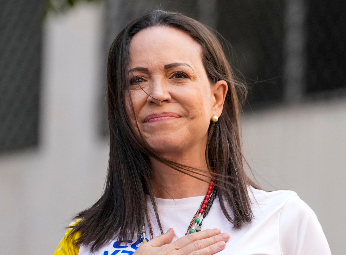 Opposition leader Maria Corina Machado gestures to supporters during a protest against President Nicolas Maduro the day before his inauguration for a third term, in Caracas, Venezuela, Jan. 9, 2025. [AP/YONHAP]