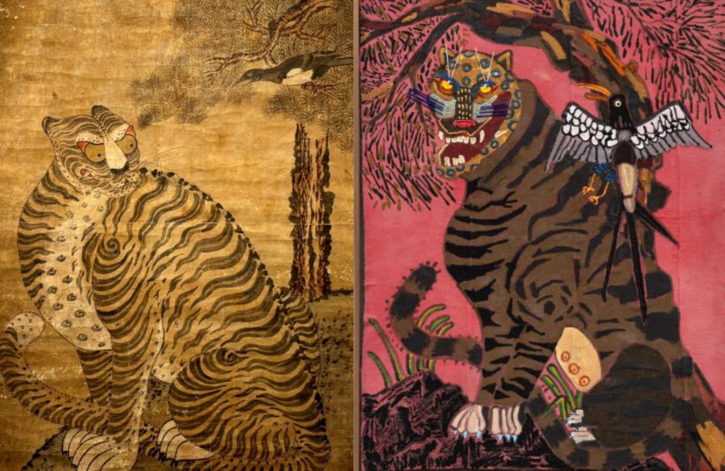 Traditional hokjakdo, left, and the modern interpretation of the genre titled ″Goblin Toger and Magpie Beneath the Pine Tree″ by Lee Doo-won are currently displayed at Gallery Hyundai in Jongno District, central Seoul. [LEE JIAN, GALLERY HYUNDAI]