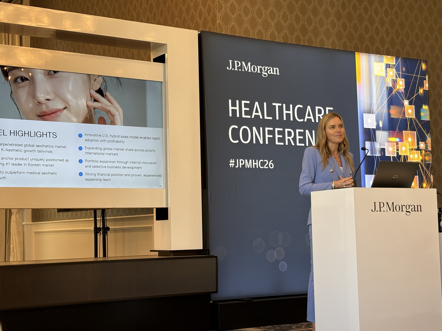Carrie Strom, Hugel global CEO, delivers a keynote speech at the 44th J.P. Morgan Health Care Conference in San Francisco, California, on Jan. 15. [HUGEL]