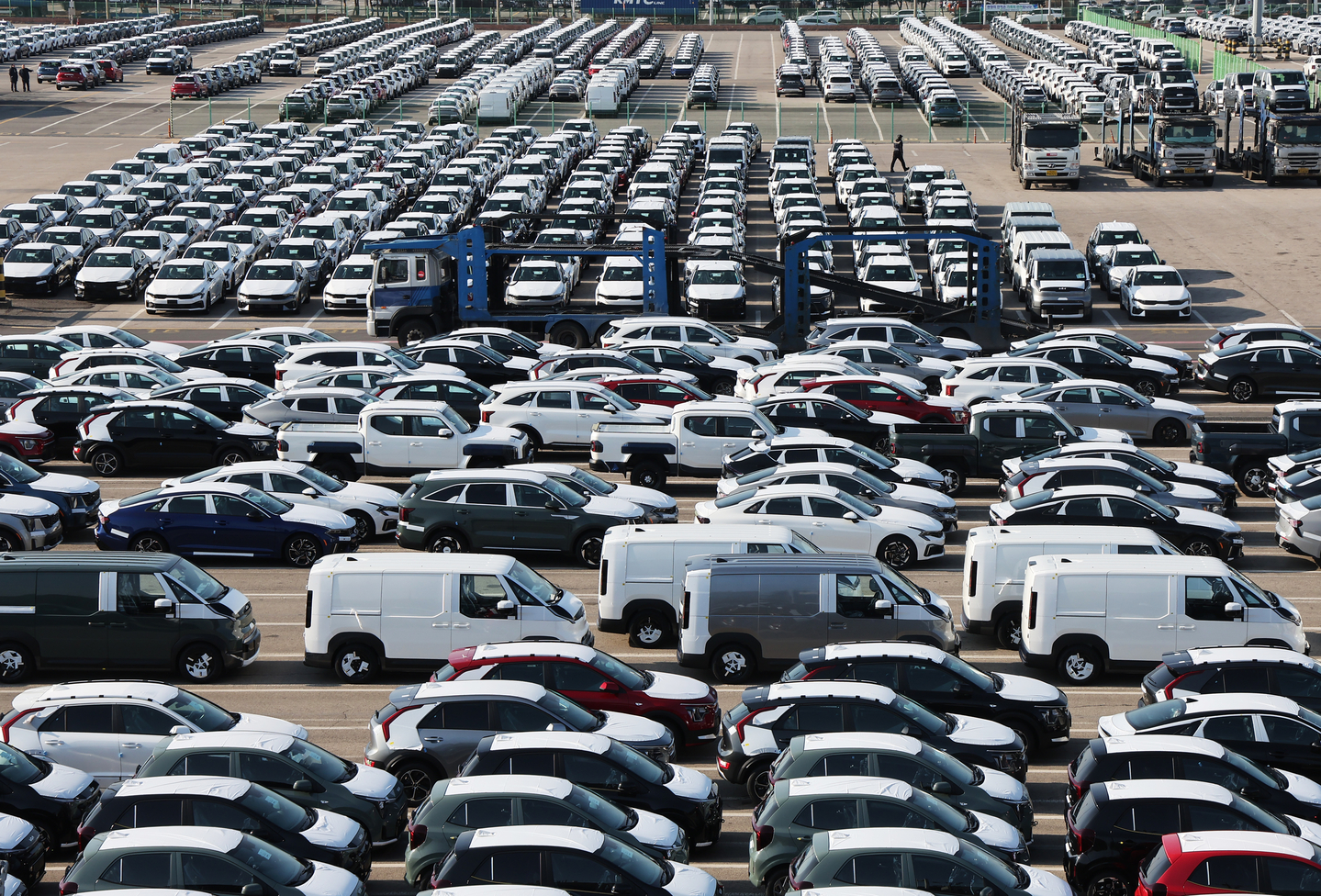 Vehicles made for export are parked at a port in Pyeongtaek, Gyeonggi on Jan. 14. [YONHAP]