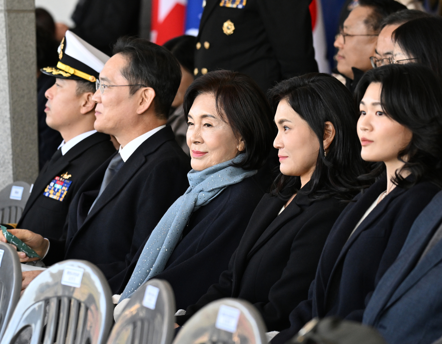 Samsung Electronics Executive Chairman Lee Jae-yong, second from left, Hong Ra-hee, honorary director of the Leeum Samsung Museum of Art, center, and Lee Seo-hyun, president of Samsung C&T, second from right, attend a ceremony at the Naval Academy in Changwon on Nov. 28, 2025. [YONHAP]