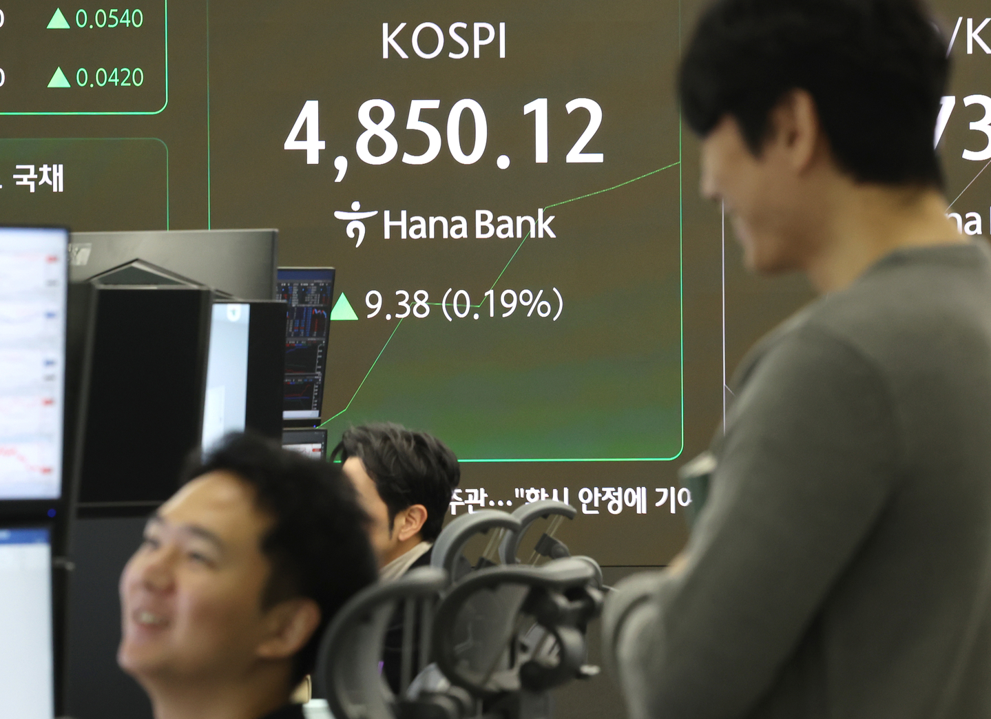 A screen in Hana Bank's trading room in central Seoul shows the Kospi opening on Jan. 19. [YONHAP]