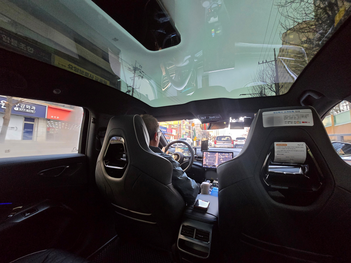 The interior of taxi driver Lee Gwang-jae's Seal, a midsize electric sedan by Chinese automaker BYD [LEE SU-JEONG]