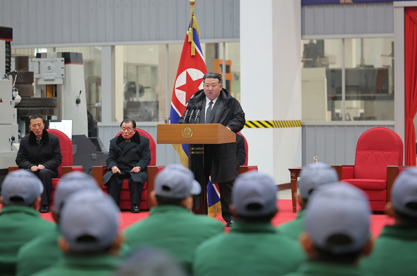 North Korean leader Kim Jong-un makes a speech at a ceremony at the Ryongsong Machine Complex in Hamheung, South Hamgyong Province, northeastern North Korea, on Jan. 19, 2026, to mark the completion of the first stage of the complex's modernization project, in this photo released by the North's official Rodong Sinmun on Jan. 20, 2026. [RODONG SINMUN]