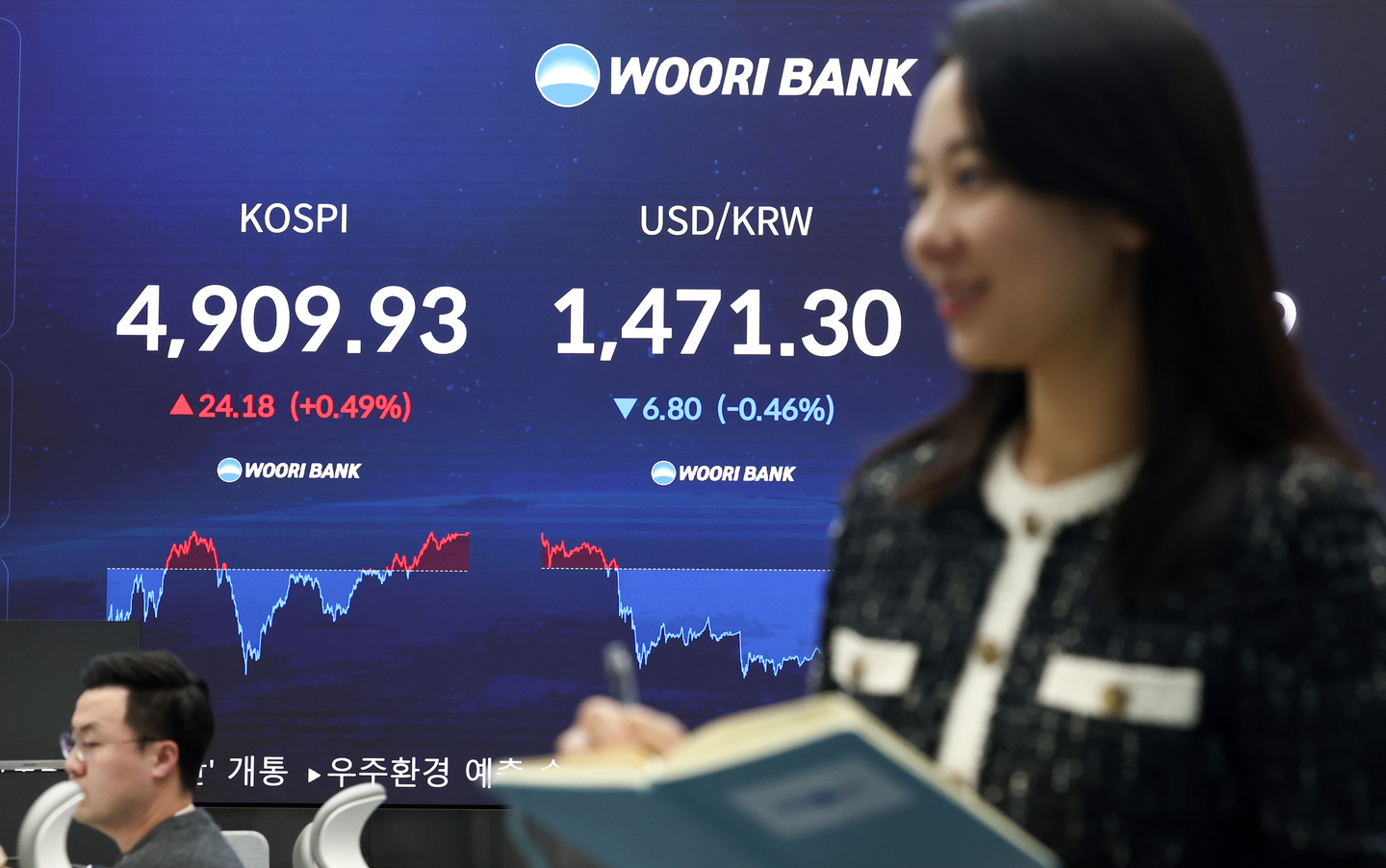 A screen in Woori Bank's trading room in central Seoul shows the Kospi closing at 4,909.93 points on Jan. 21. [NEWS1] 