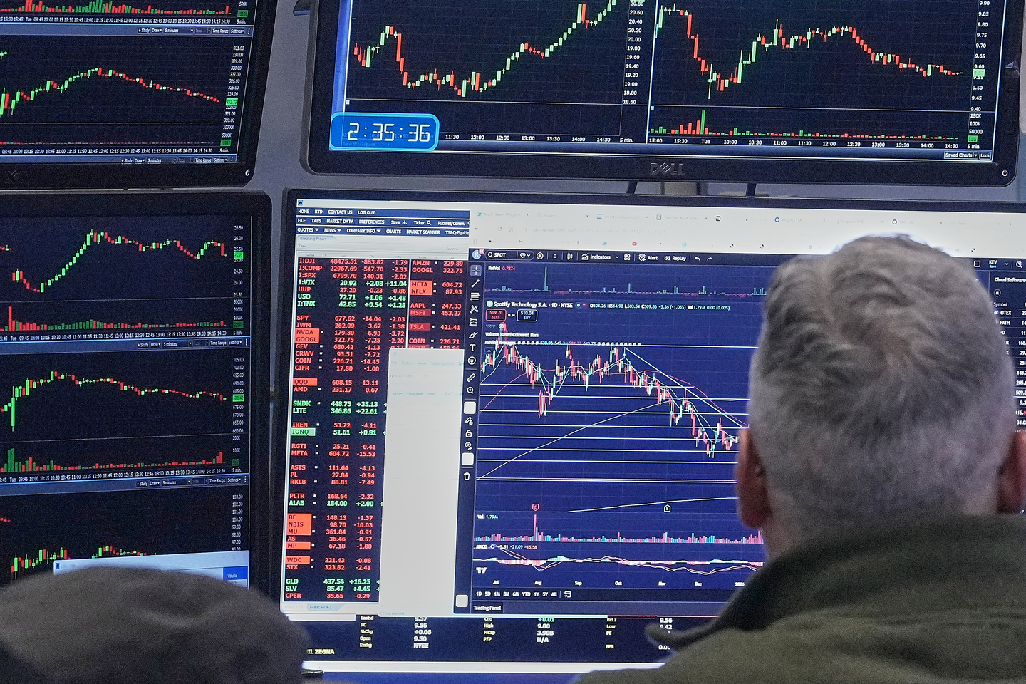 A trader watches his monitors as he works on the floor of the New York Stock Exchange on Jan. 20, 2026. [AP/YONHAP]