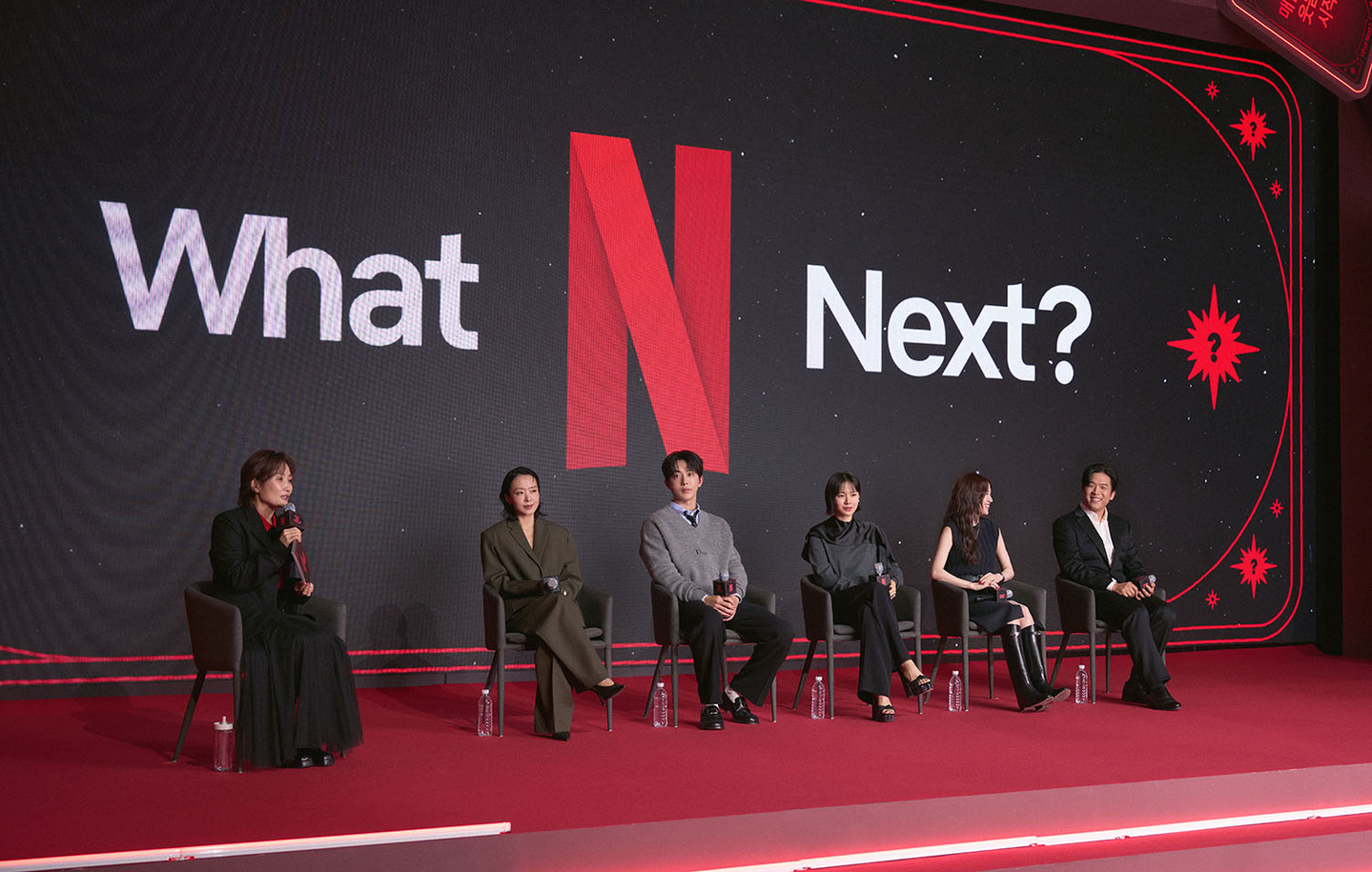 Participants at the "Next on Netflix 2026 Korea" event are seen on stage at Conrad Seoul in Yeouido, western Seoul, on Jan. 21. Second from left to right, actors Jeon Do-yeon, Nam Joo-hyuk, Son Ye-jin, Park Eun-bin and chef Anh Sung-jae [NETFLIX]