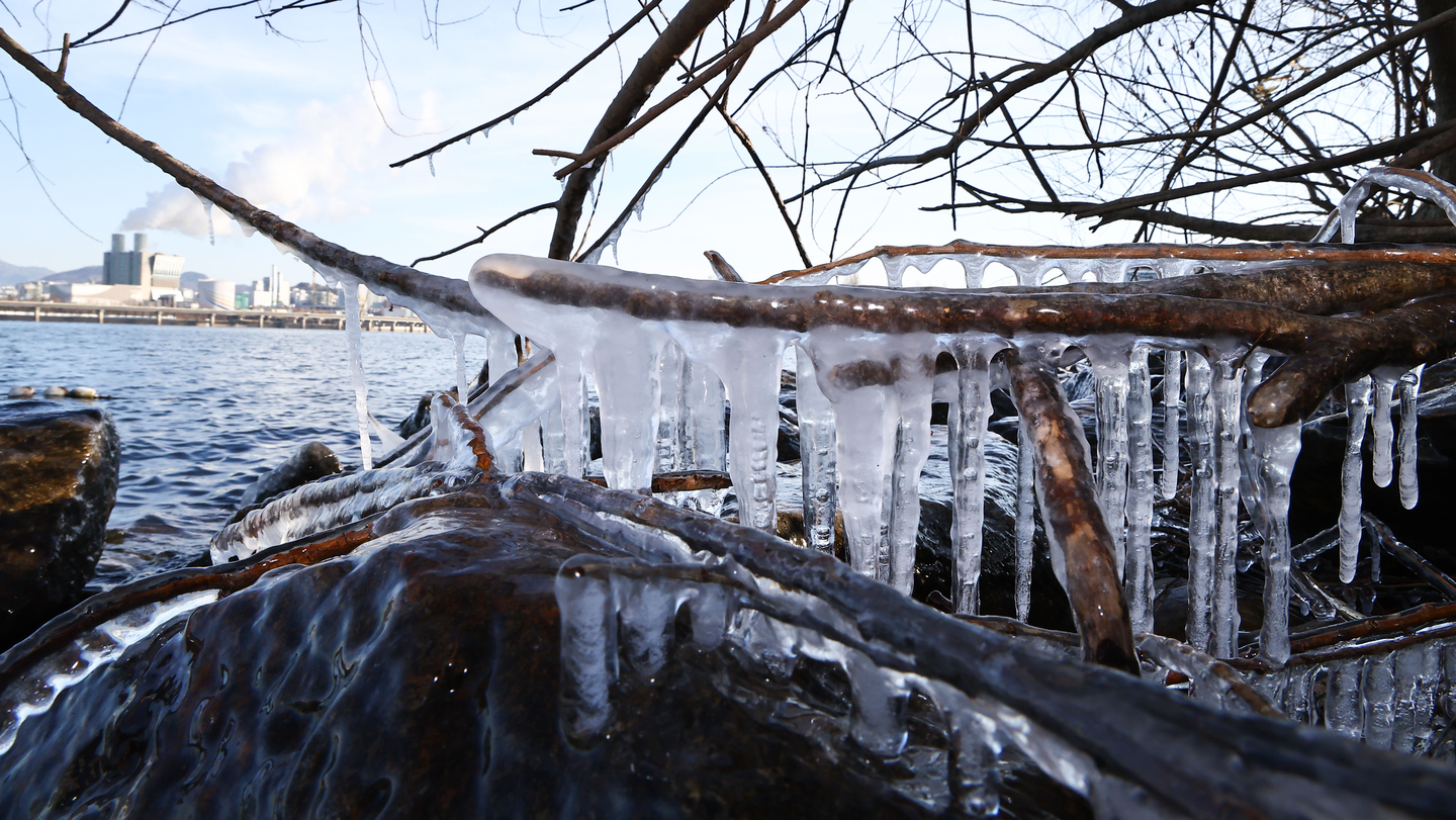 Icicles are seen frozen on the Han River bank near Yeouido, western Seoul, on Jan. 20, as a cold wave warning was issued for Seoul. [KIM JONG-HO]