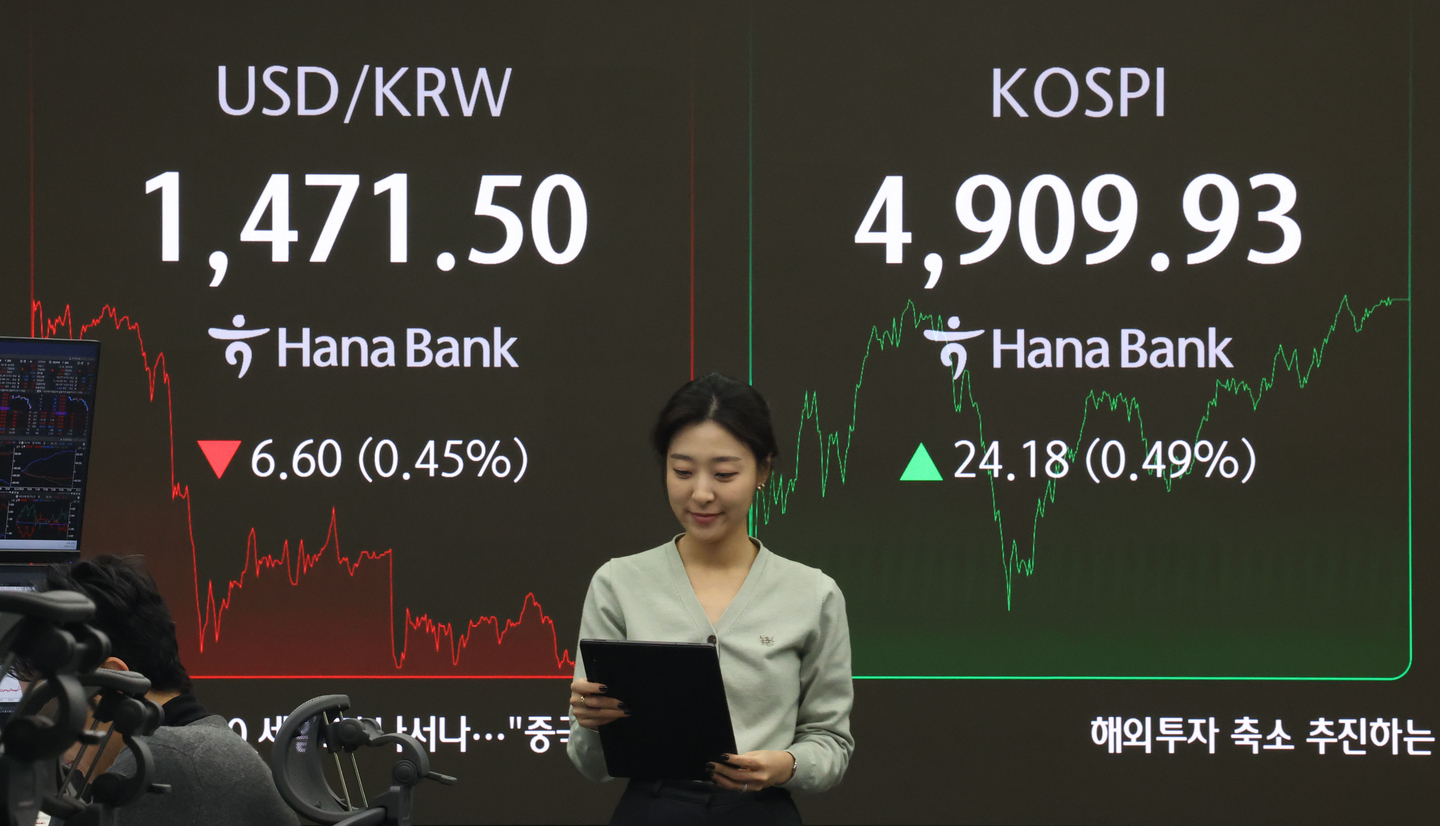 A screen in Hana Bank's trading room in central Seoul shows the dollar-won exchange rate on Jan. 21. [NEWS1]
