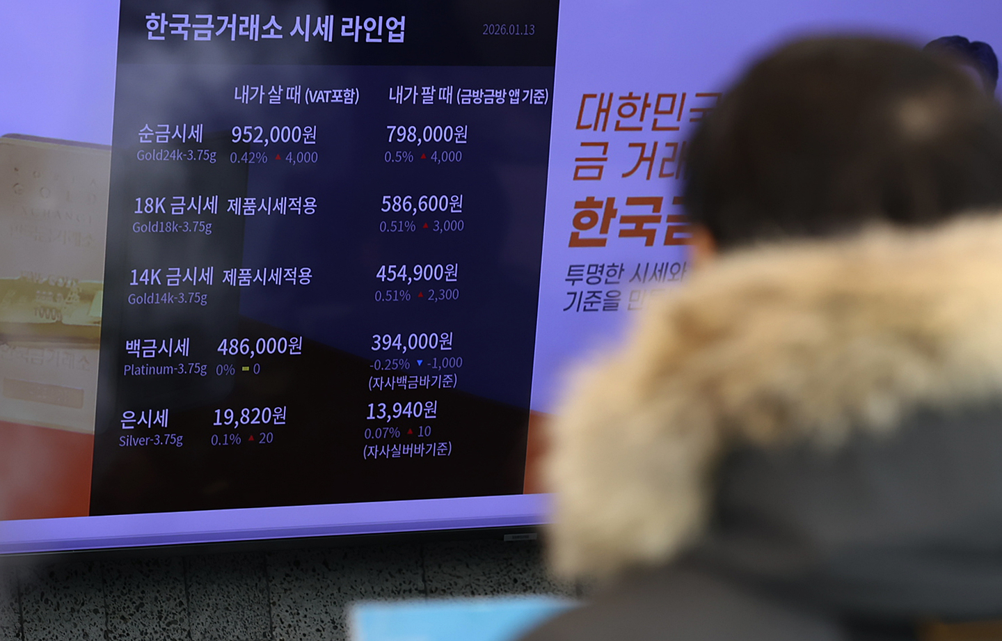 Gold prices are seen at the Korea Gold Exchange in Jongno District, central Seoul on Jan. 13. [NEWS1]
