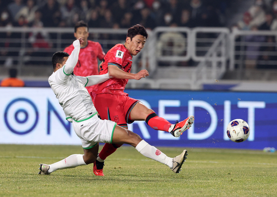 Hwang Hee-chan scores for Korea at Goyang Stadium in Goyang, Gyeonggi on March 20.  [NEWS1]
