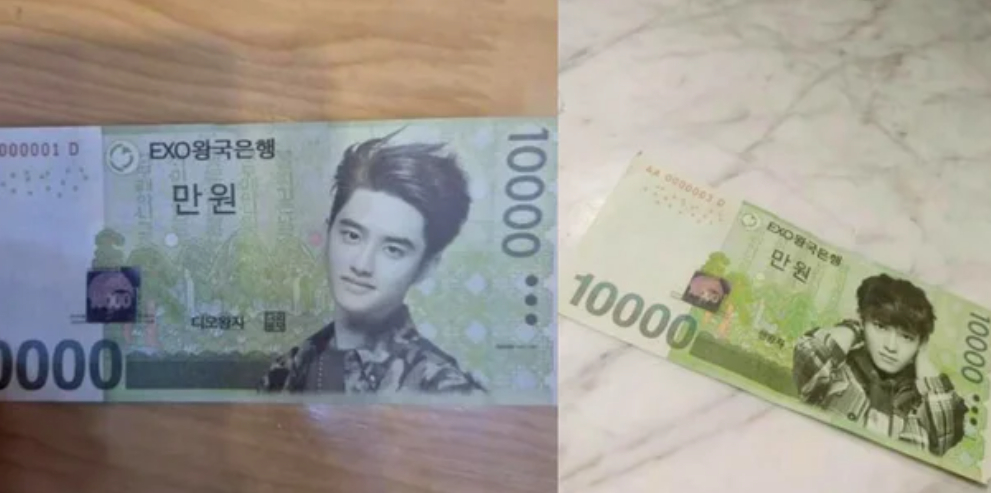 Fake banknotes with members of boy band EXO printed on them are seen in these photos uploaded to Korean social media. [SCREEN CAPTURE]